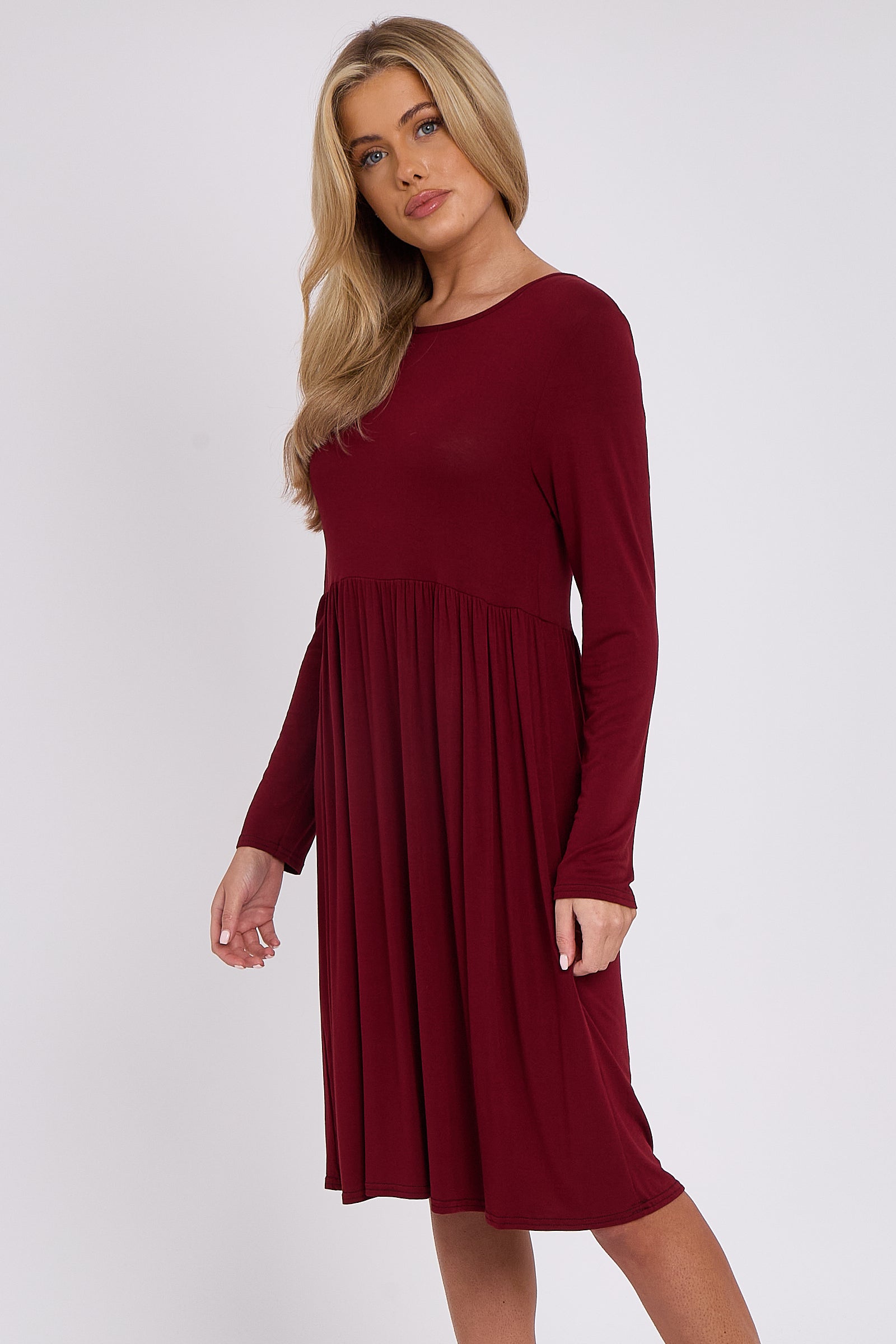 Wine Long Sleeve Gathered Waist Dress-2