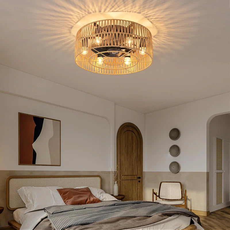 Socher 8 - Blade 48.5Cm Boho Rattan Caged Ceiling Fan with Light Kit and Remote Control