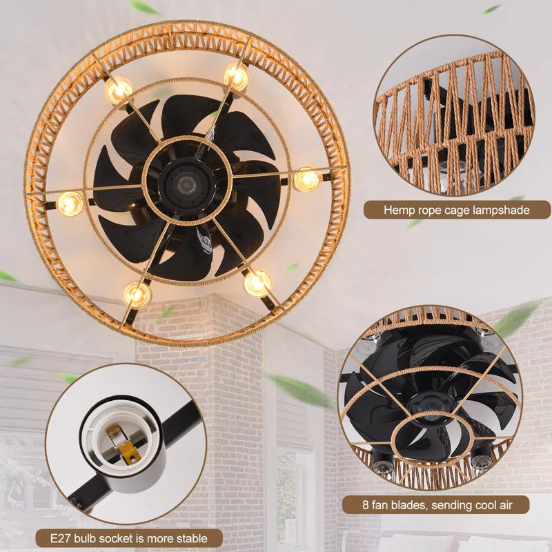 Socher 8 - Blade 48.5Cm Boho Rattan Caged Ceiling Fan with Light Kit and Remote Control