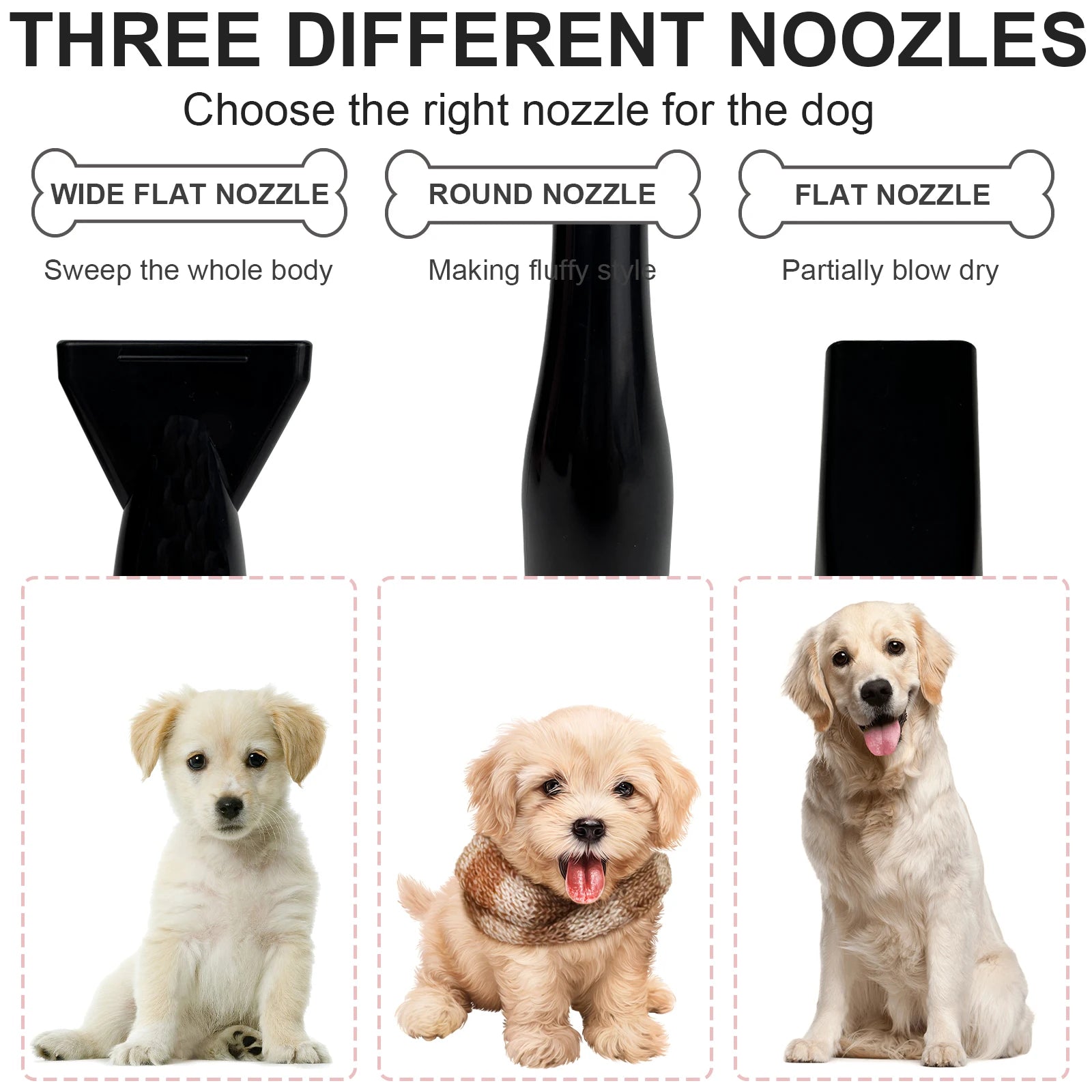 Dog Hair Dryer Professional 2800W Low Noise with 3 Nozzles & Extendable Hose Animal Hairdryer Grooming Blaster