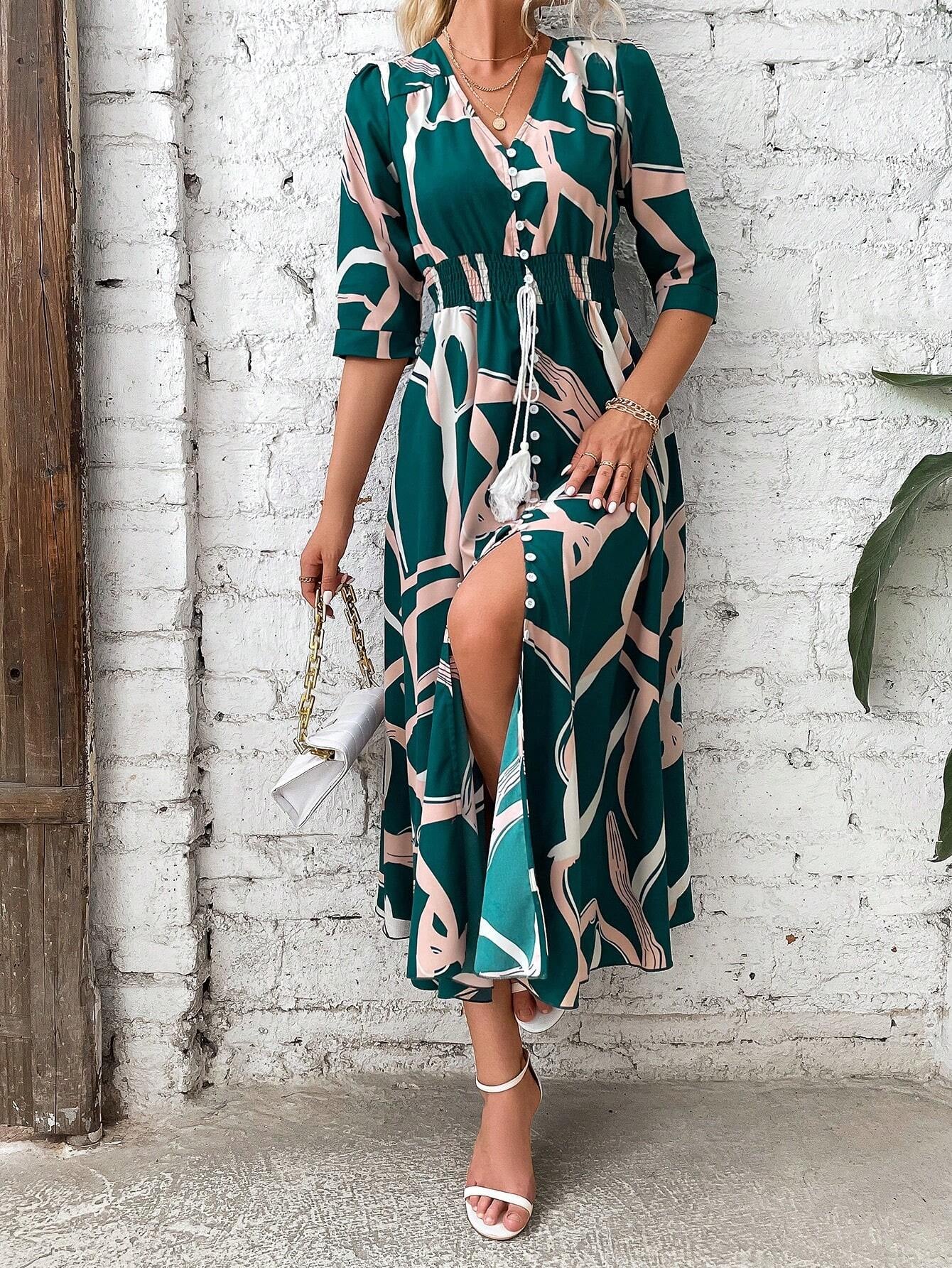 SHEIN Clasi Shirred Waist Button through Floral Maxi Dress