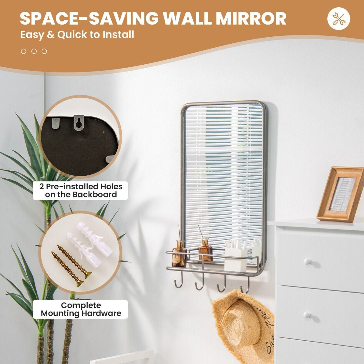 Wall-Mounted Rectangular Bathroom Mirror with Storage Shelf and Hooks