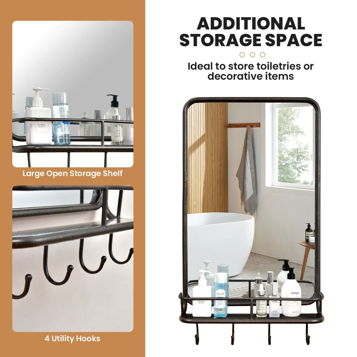 Wall-Mounted Rectangular Bathroom Mirror with Storage Shelf and Hooks