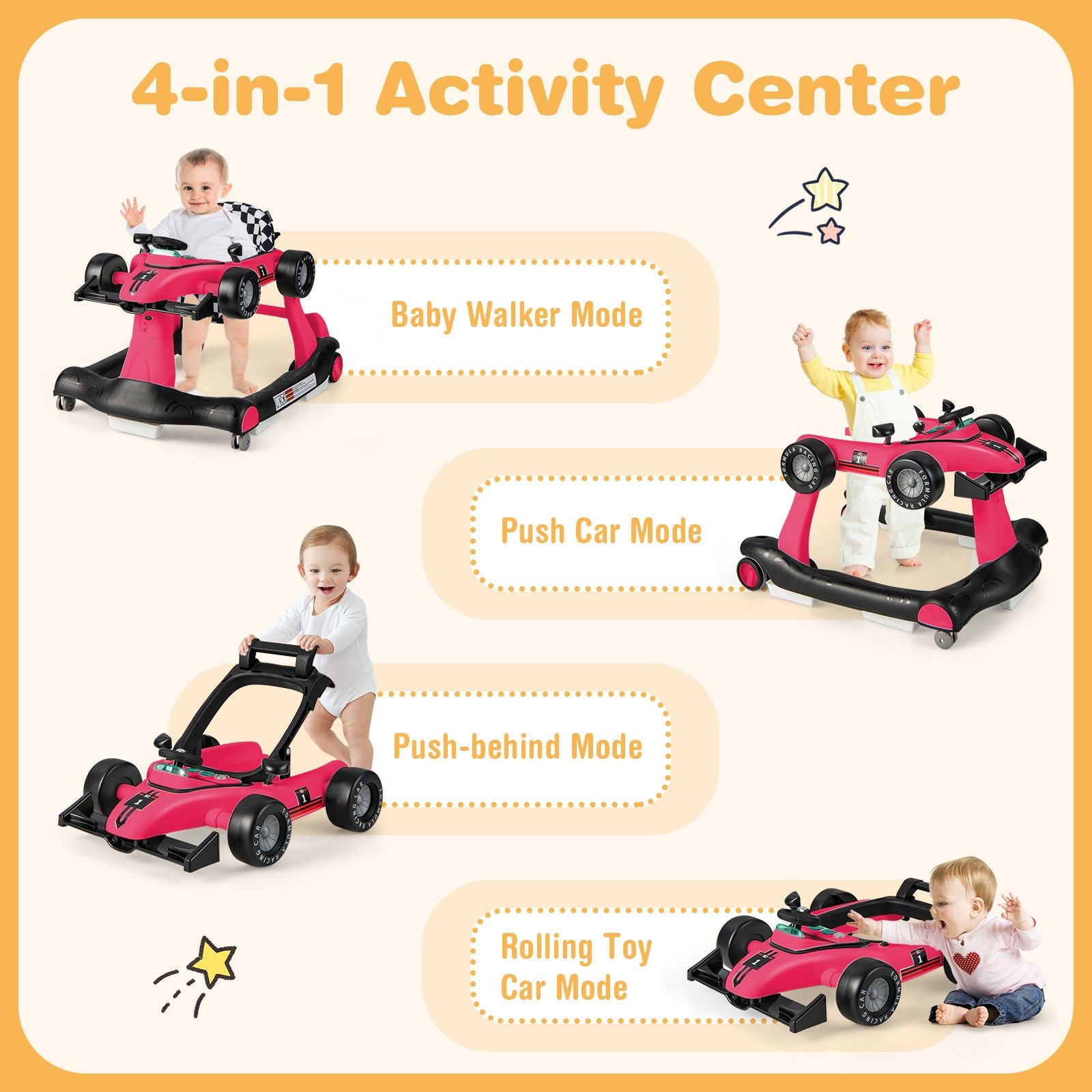 4-In-1 Baby Push Walker with Adjustable Height and Speed