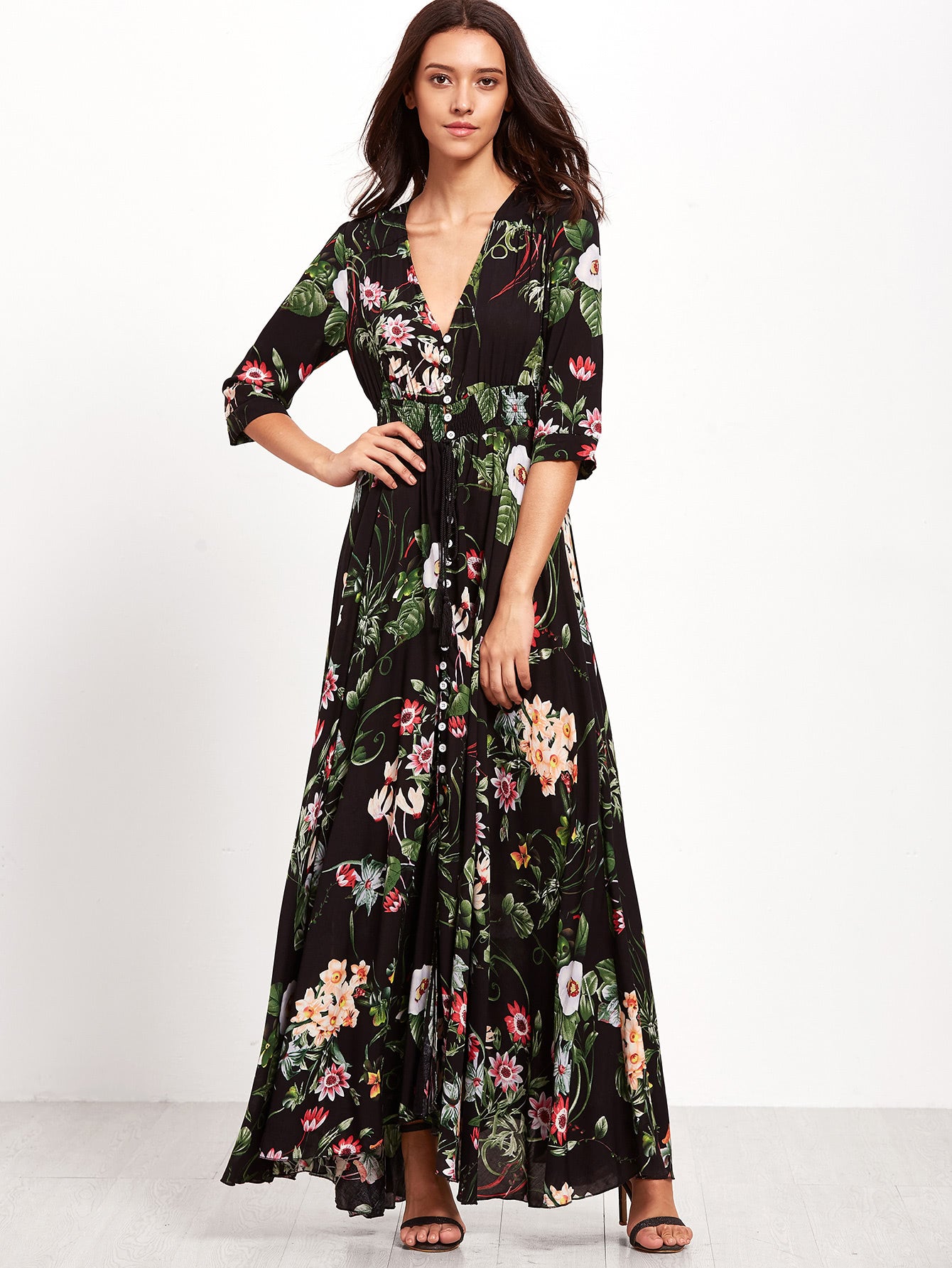 SHEIN Clasi Shirred Waist Button through Floral Maxi Dress