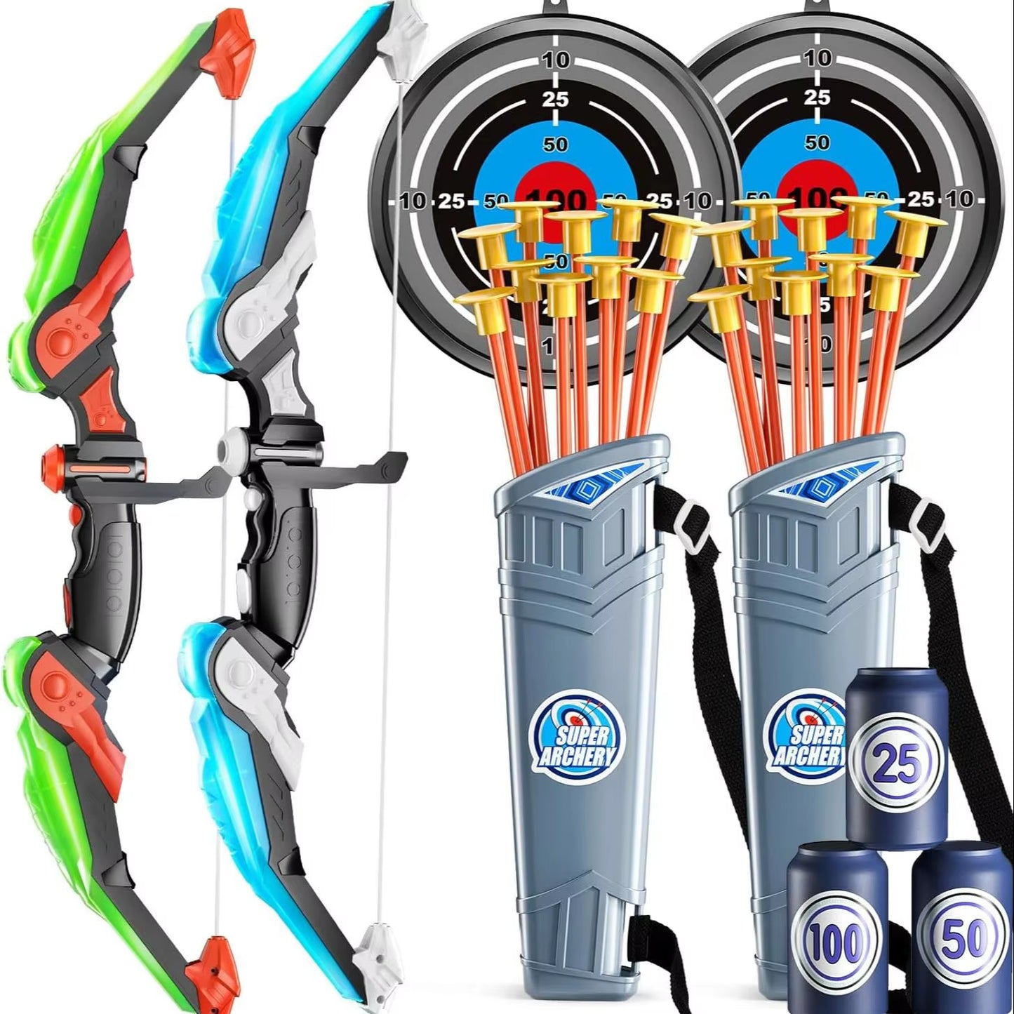 Kids Bow and Arrow Set, LED Light up Archery Toys Set for Kids Ages 4-8 8-12, with 10 Suction Cup Arrows, Target & Quiver, Boys