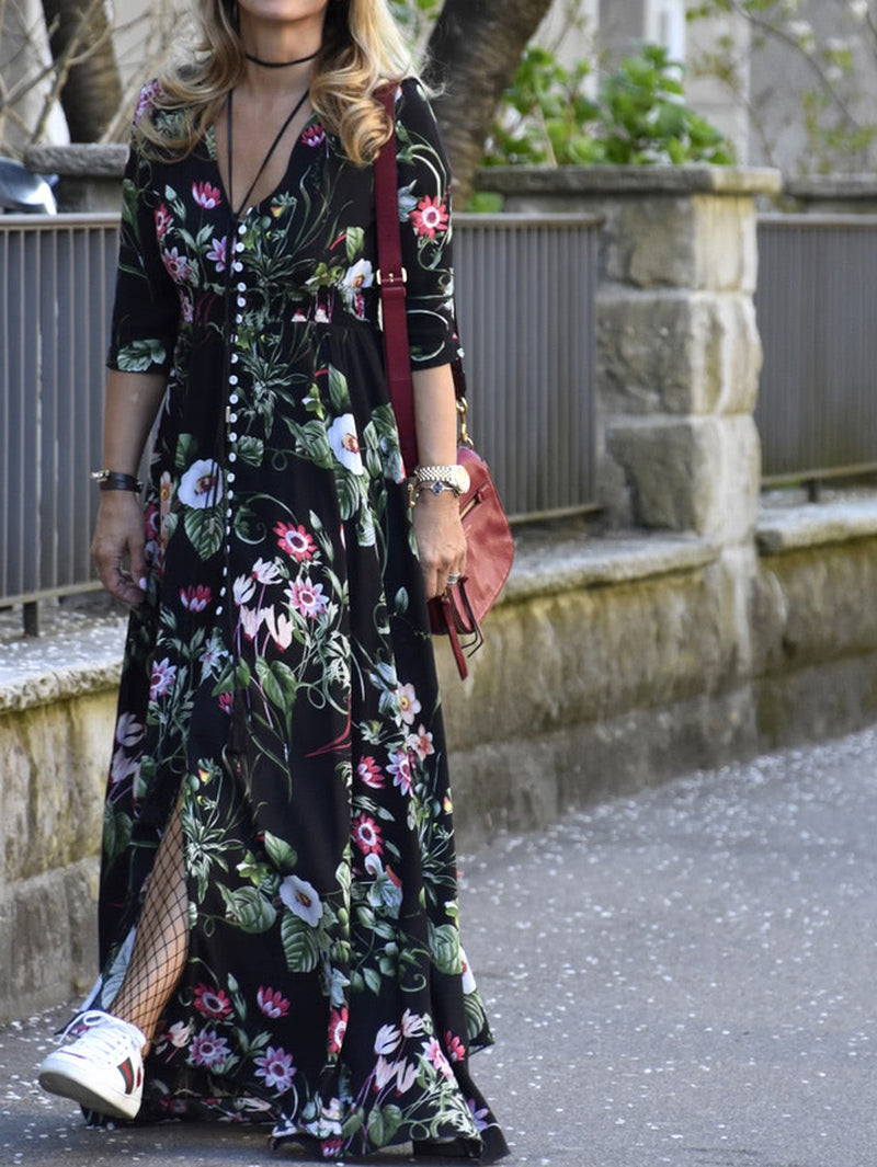 SHEIN Clasi Shirred Waist Button through Floral Maxi Dress