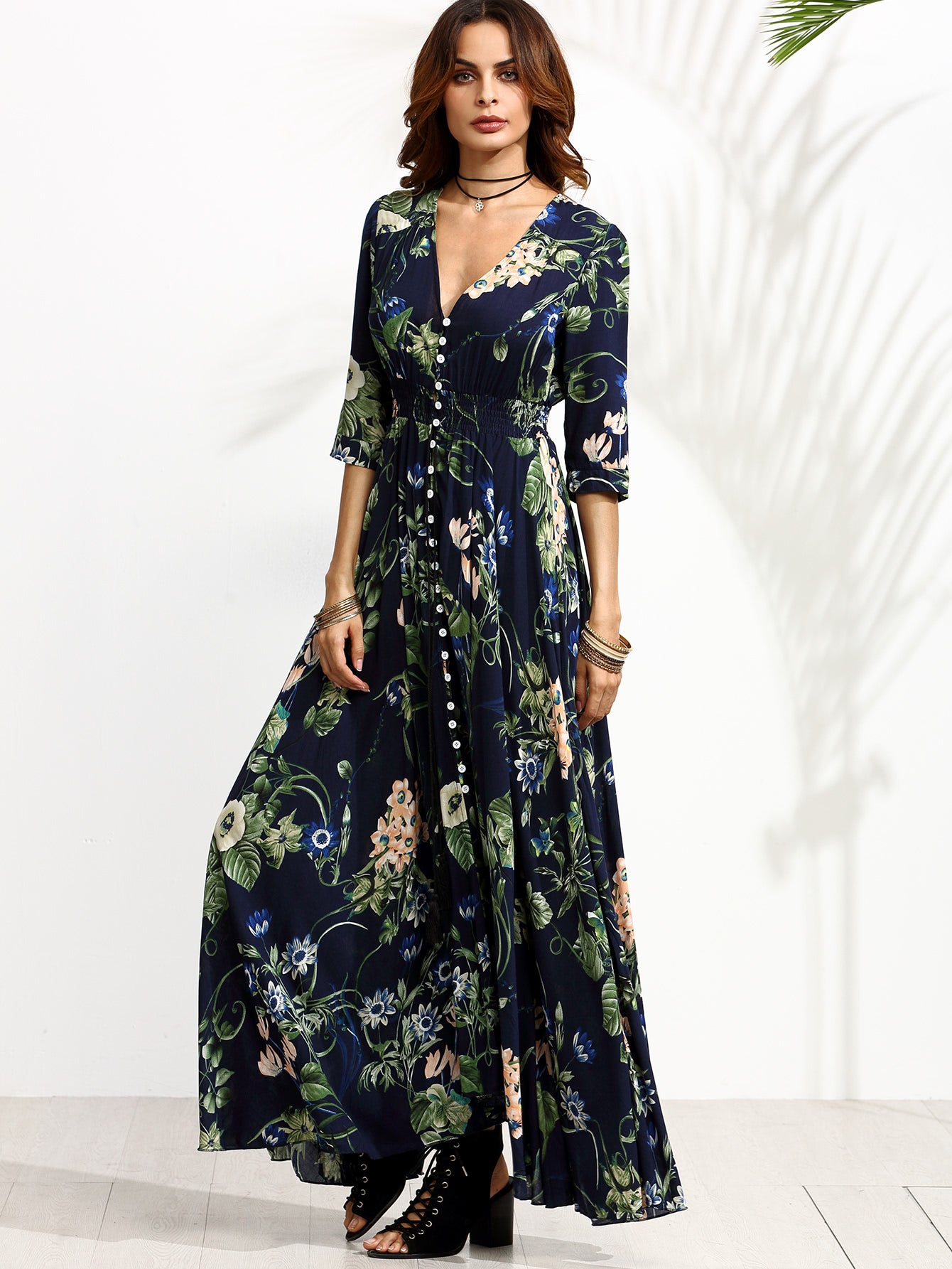 SHEIN Clasi Shirred Waist Button through Floral Maxi Dress