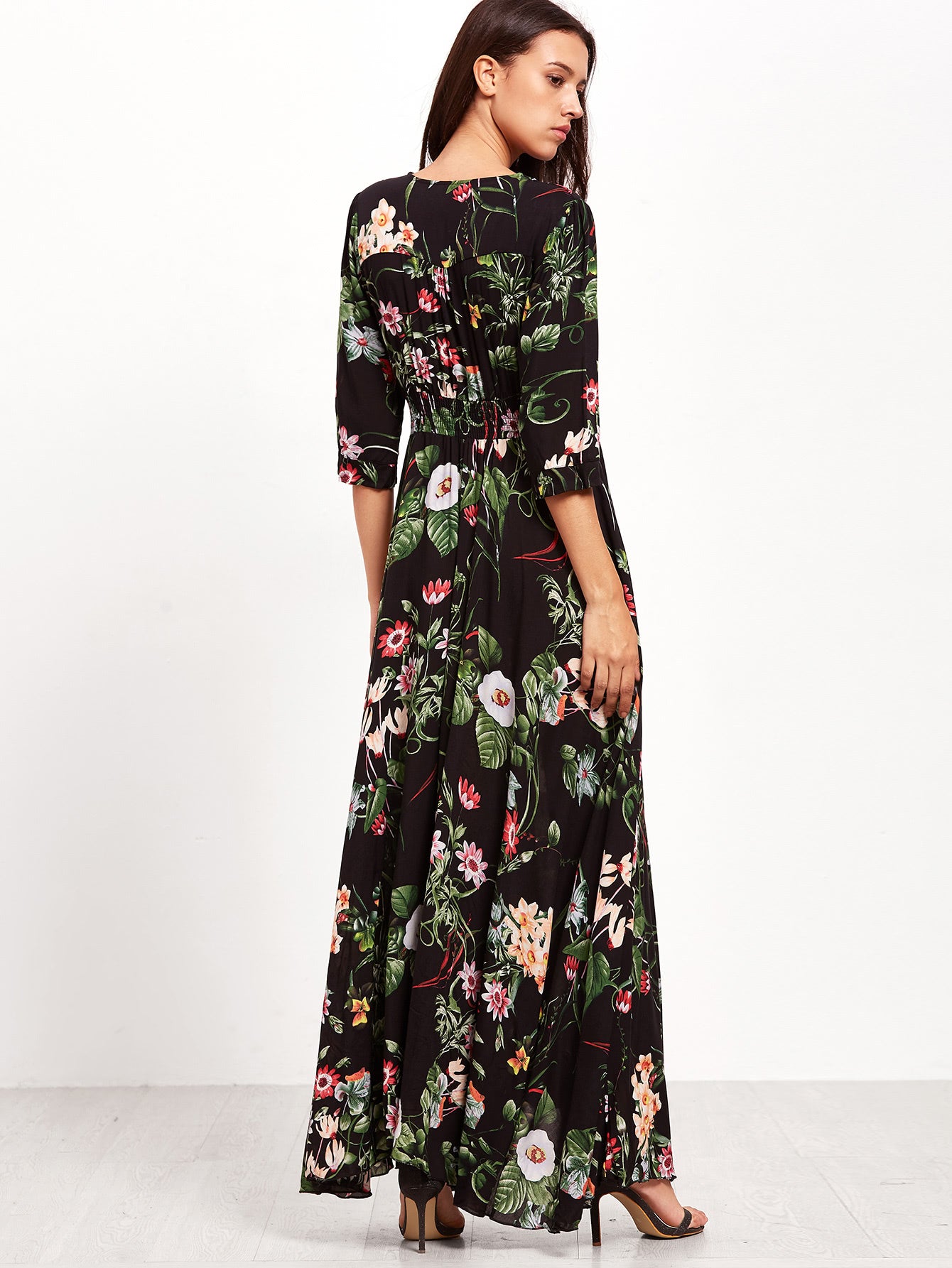 SHEIN Clasi Shirred Waist Button through Floral Maxi Dress