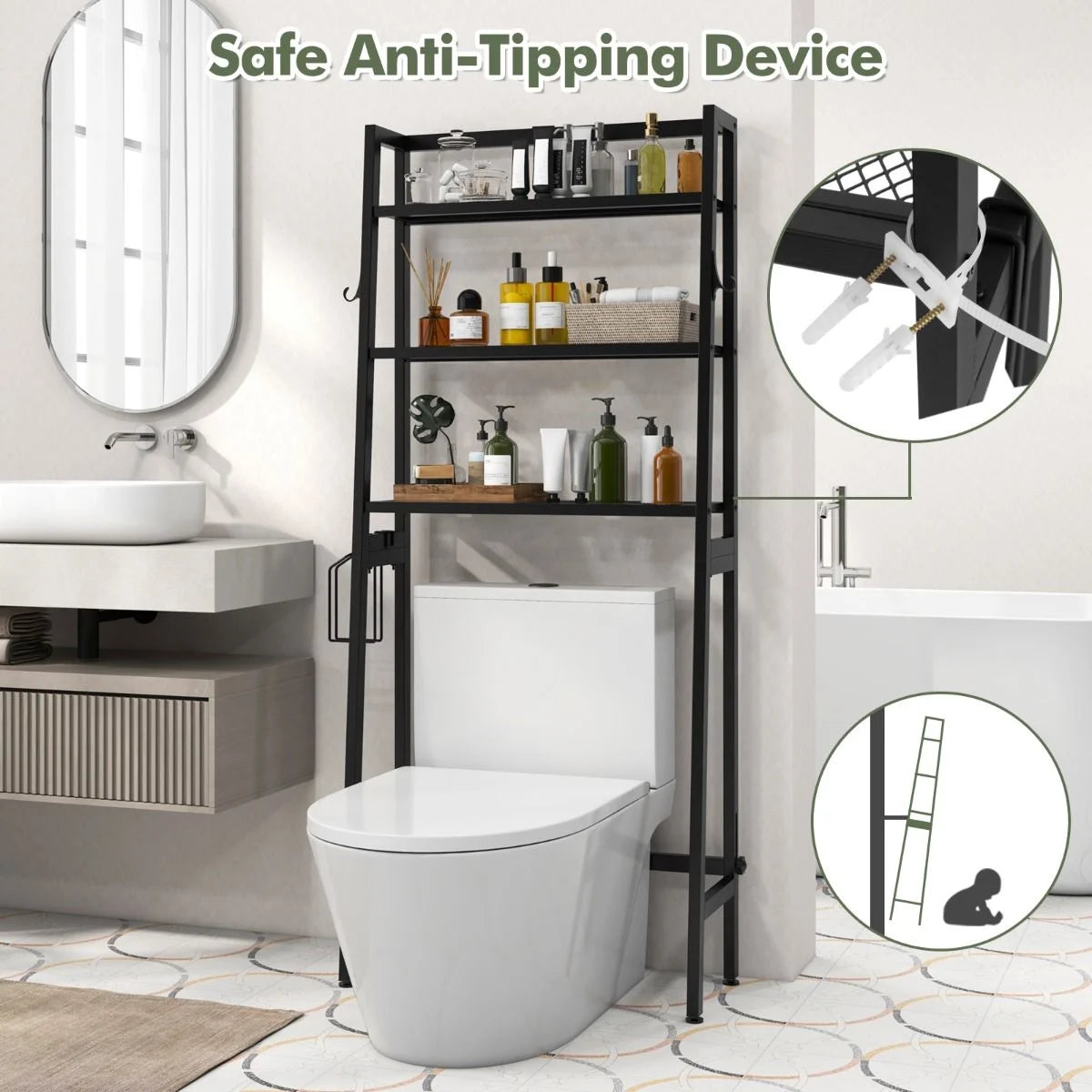 Over the Toilet Storage Shelf with Adjustable Adjustable Bottom Bar