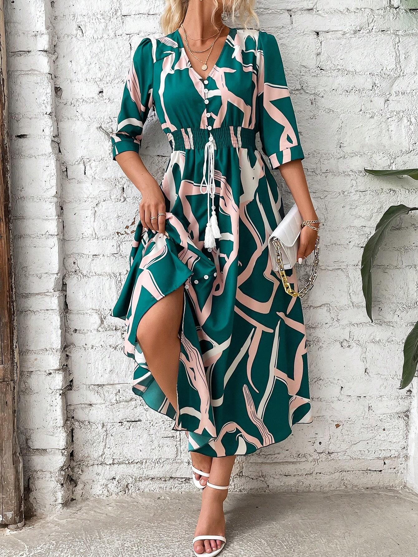 SHEIN Clasi Shirred Waist Button through Floral Maxi Dress