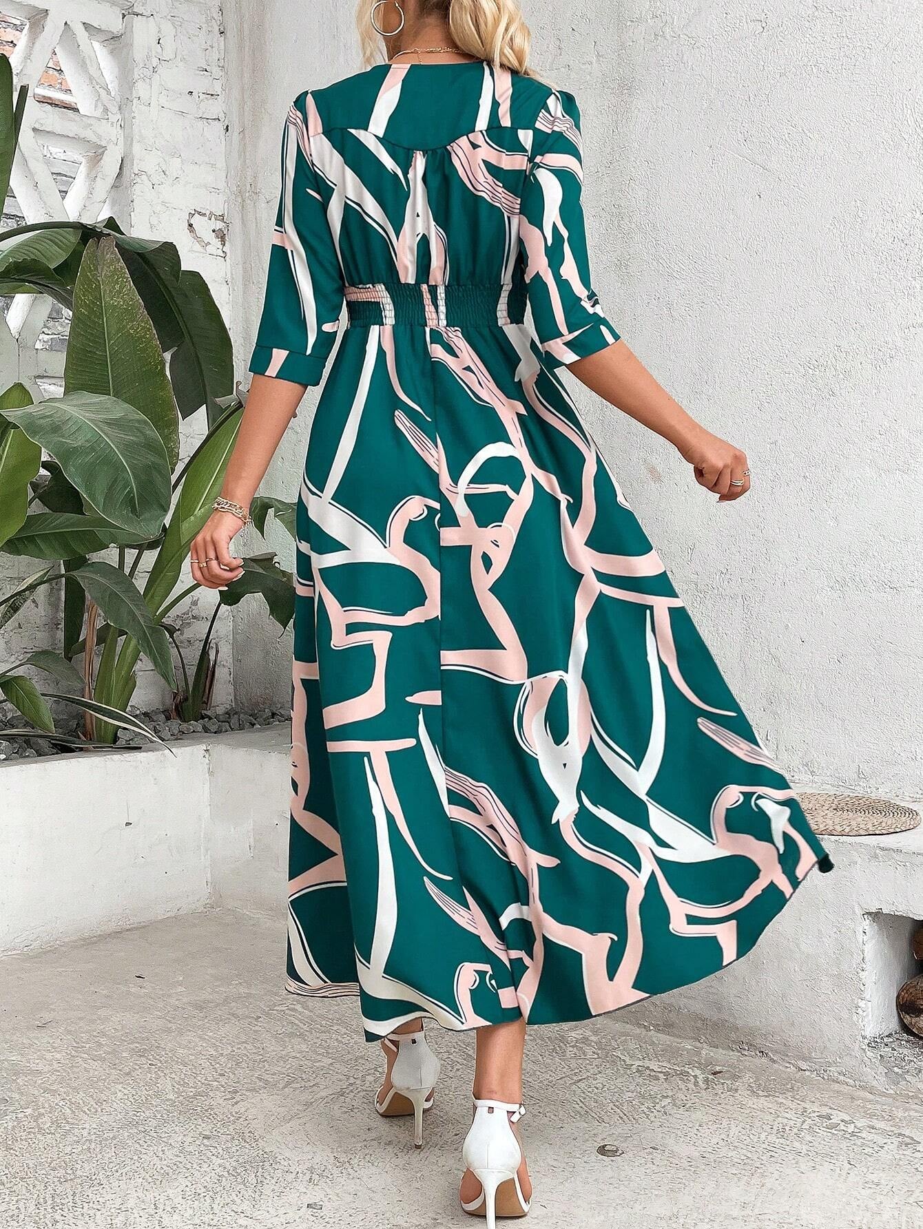 SHEIN Clasi Shirred Waist Button through Floral Maxi Dress