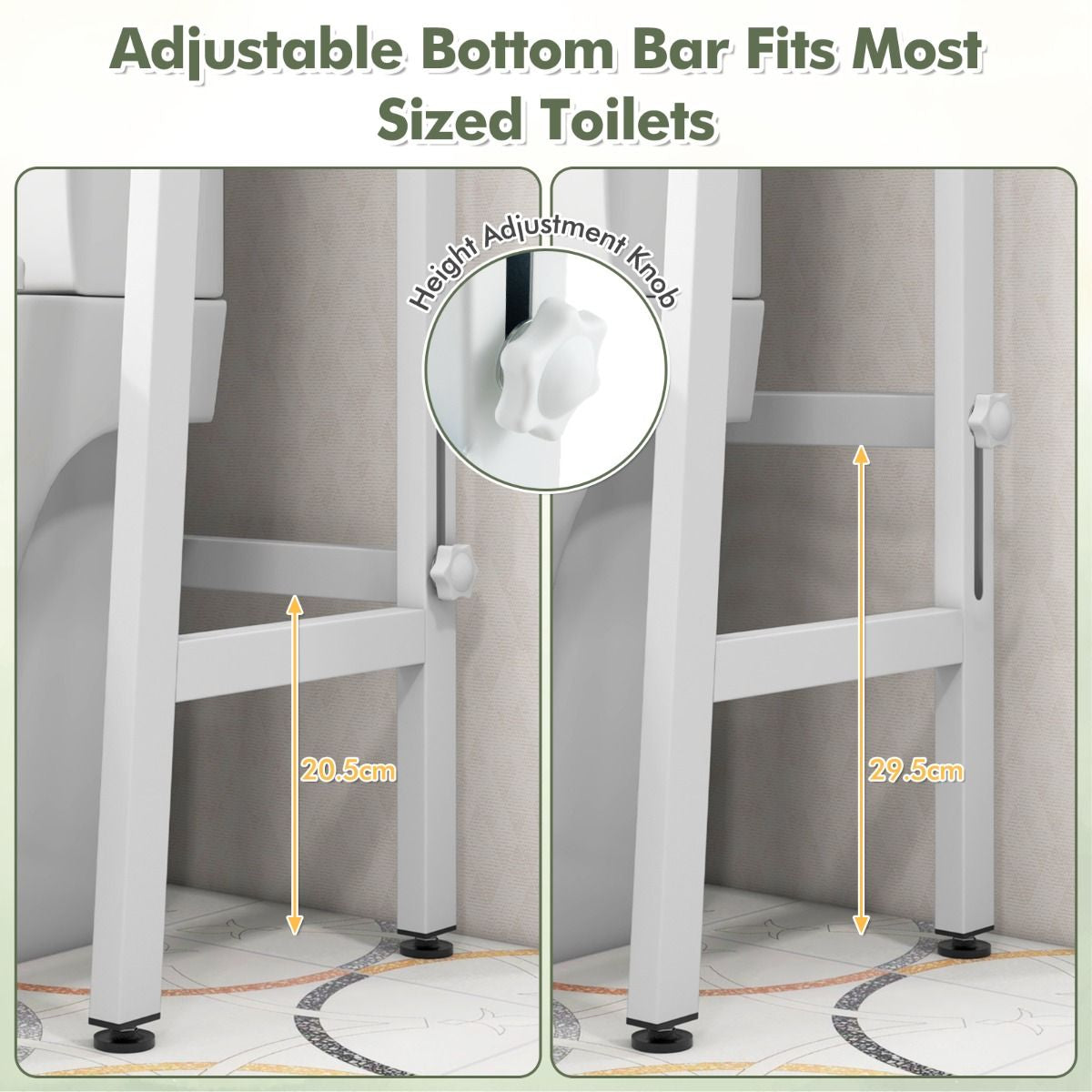 Over the Toilet Storage Shelf with Adjustable Adjustable Bottom Bar