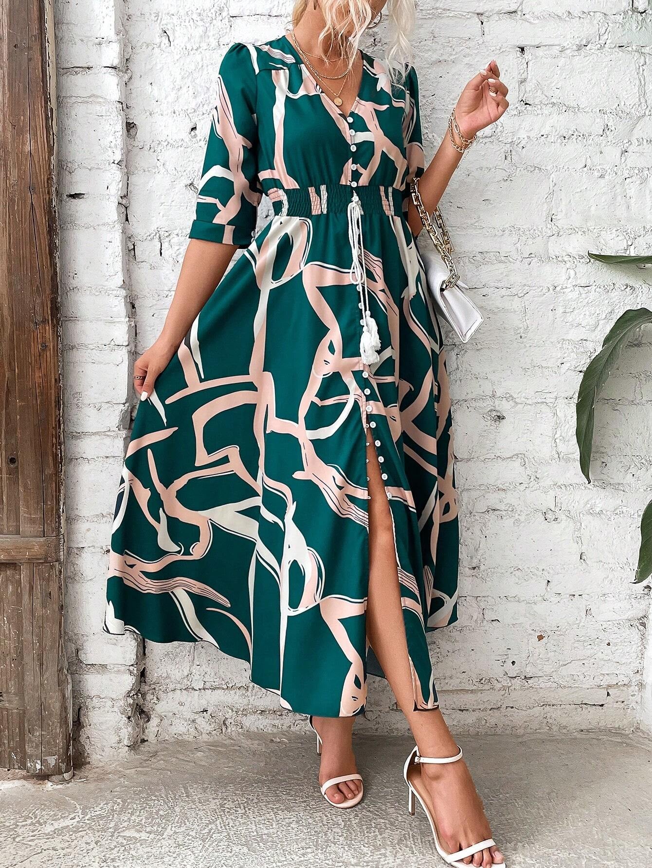 SHEIN Clasi Shirred Waist Button through Floral Maxi Dress