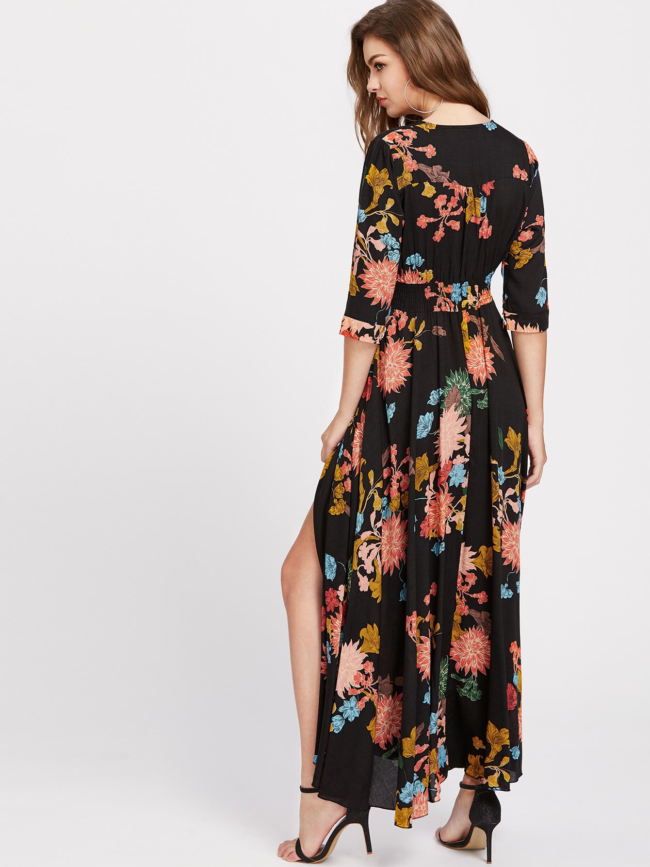 SHEIN Clasi Shirred Waist Button through Floral Maxi Dress