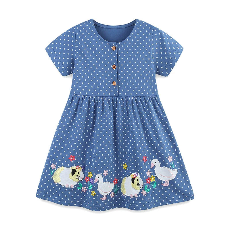Summer Pure Cotton Dots and Animals Pattern Short Sleeves Dress for Stylish Girls-0