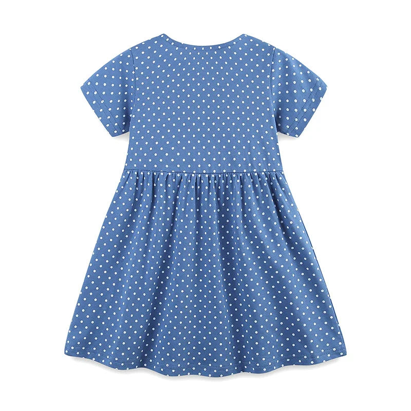 Summer Pure Cotton Dots and Animals Pattern Short Sleeves Dress for Stylish Girls-1