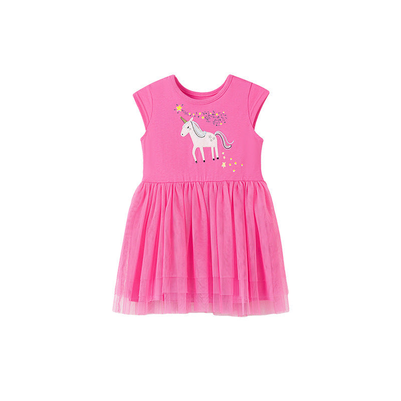 Summer Pure Cotton Cartoon Unicorn Pattern Sleeveless Dress for Stylish Girls-0