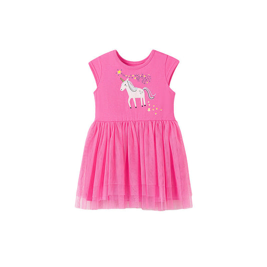 Summer Pure Cotton Cartoon Unicorn Pattern Sleeveless Dress for Stylish Girls-0