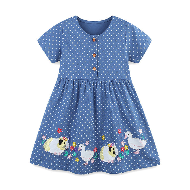 Summer Pure Cotton Dots and Animals Pattern Short Sleeves Dress for Stylish Girls-3