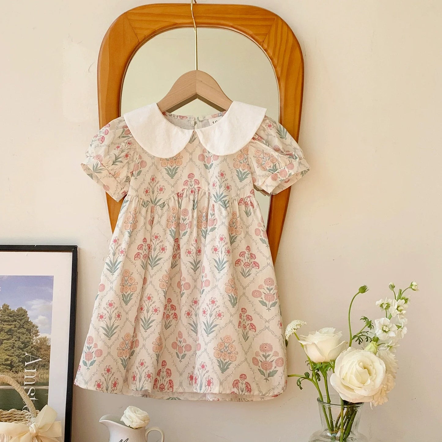 Summer Arrival Baby Kids Girls Cute Short Sleeves Argyle Floral Dress-4